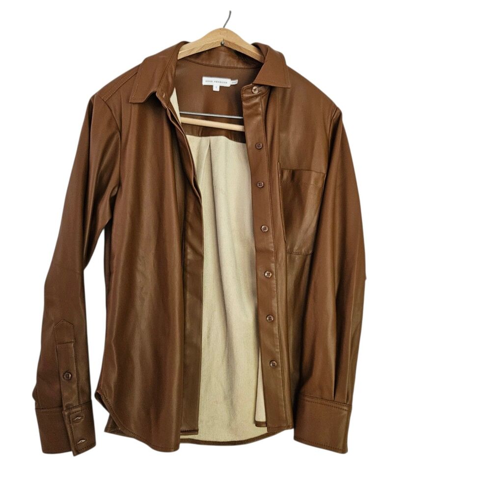 Good American Better Than Leather Button-Up Shirt Jacket Size L Brown Faux Soft - Picture 4 of 11